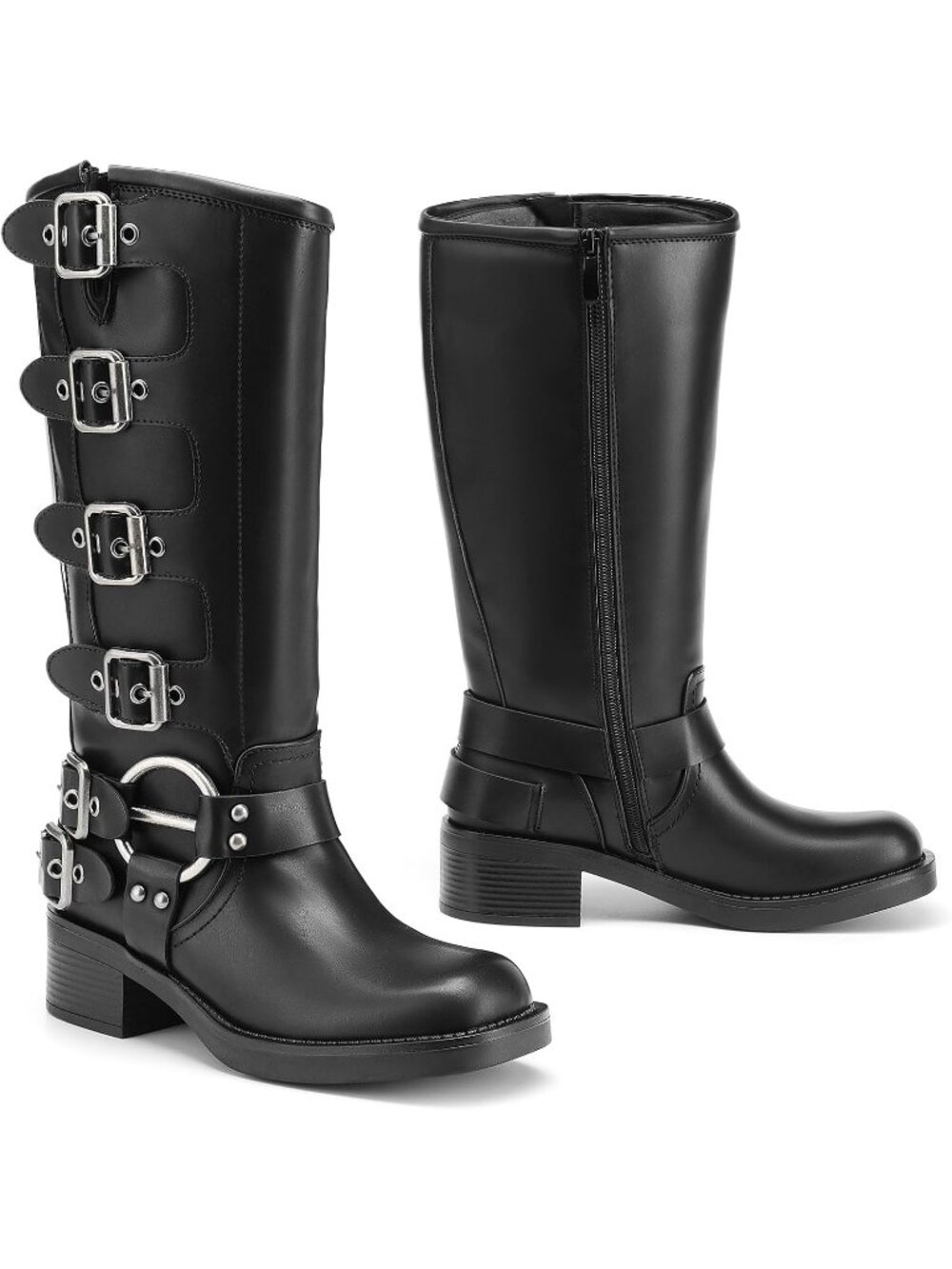 Women's Black1 Faux Leather Adjustable Buckles Chunky Heel Riding Knee High Boot - Picture 6 of 6